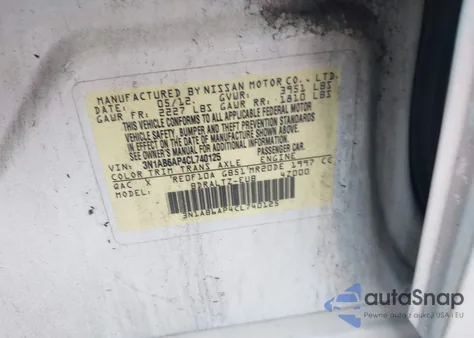 2012 Nissan Sentra 2.0 S z USA, uszkodzony, nr VIN 3N1AB6AP4CL740125